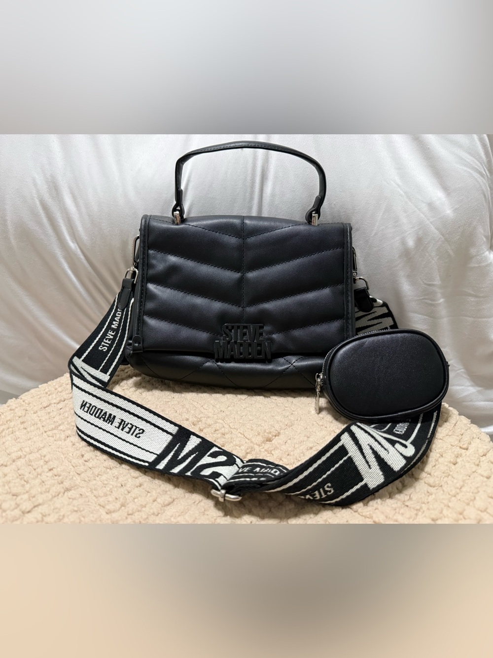 Steve Madden Black Quilted Coin Pouch with Black-and-White Logo Strap